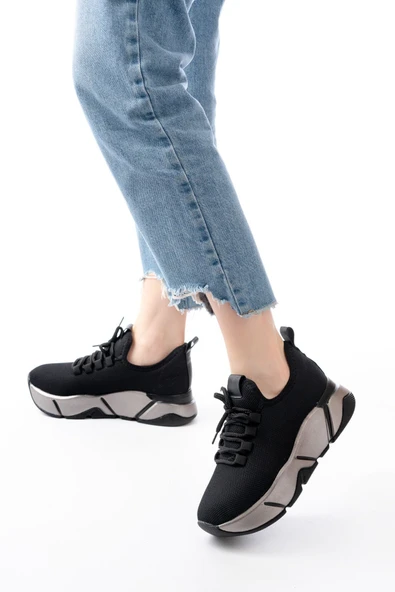 RS-400 Siyah Bağcıklı Fileli Renkli Taban Günlük Kadın Spor - 8