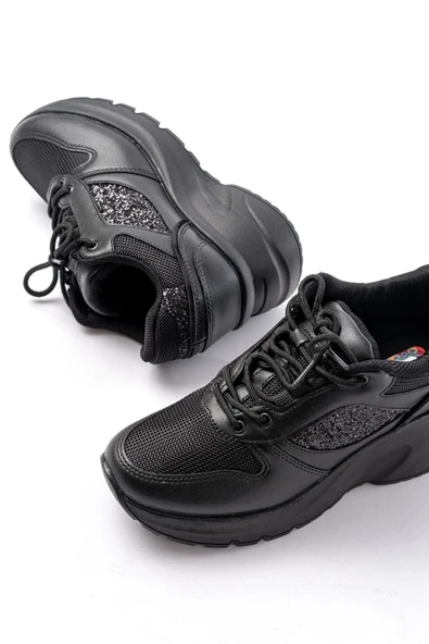F-185 Siyah Günlük Bağcıklı Taş Aksesuarlı Yazlık Spor Ayakkabı - 4