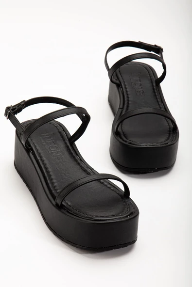 861-1027 Siyah Dolgu Topuk Kadın Sandalet - 5