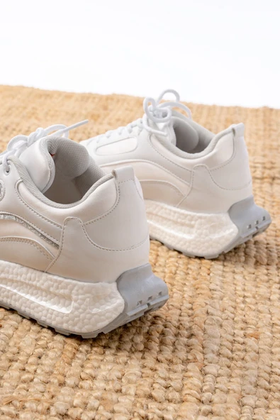 F-307 Beyaz Bağcıklı Saten Taş Aksesuarlı Günlük Spor Ayakkabı - 5