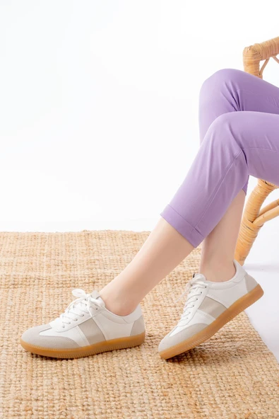 M-6006 Beyaz Garni Leopar Desenli Bağcıklı Termo Taban Günlük Kadın Spor - 7