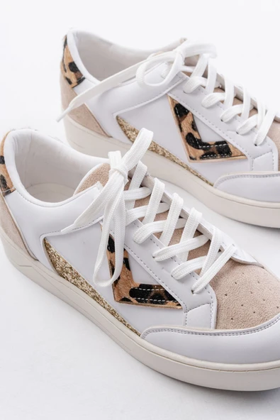 SV-01 Beyaz Leopar Desenli Bağcıklı Kadın Spor Ayakkabı - 4