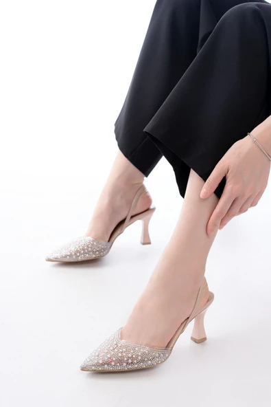 V-1005 Siyah Günlük Arkası Açık Taşlı Topuklu Ayakkabı - 10