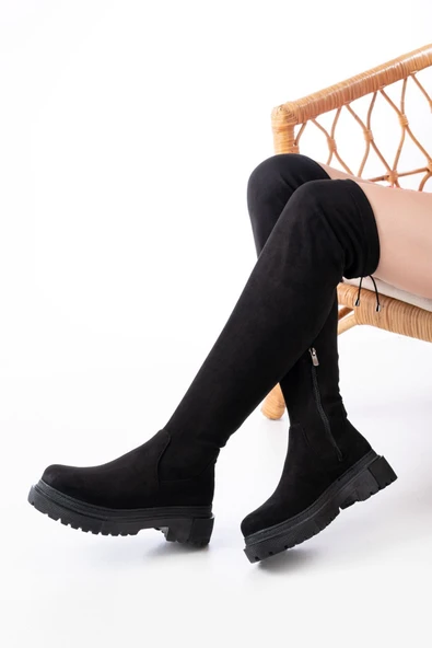 812-2194 Kahverengi Fermuarlı Diz Üstü Bağcıklı Çorap Günlük Kadın Çizme - 6