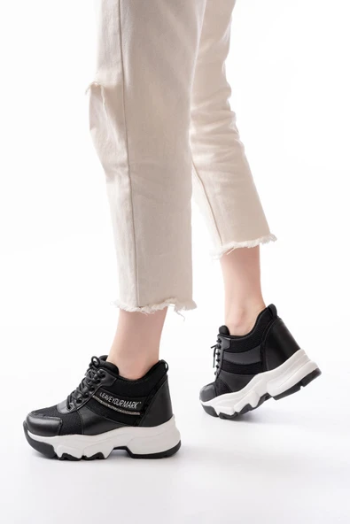F-209 Siyah Bağcıklı Fileli Taş Aksesuarlı Günlük Spor Ayakkabı - 3
