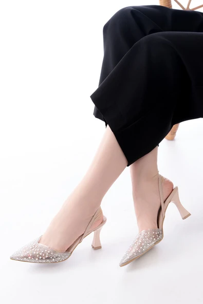 V-1005 Siyah Günlük Arkası Açık Taşlı Topuklu Ayakkabı - 9