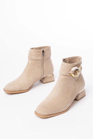 RM-504 Bej Toka Aksesuarlı Topuklu Fermuarlı Günlük Kadın Bot - 12
