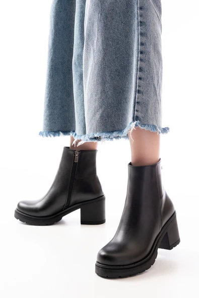 767-3020 Bej Fermuarlı Kalın Topuklu Günlük Kadın Bot - 10