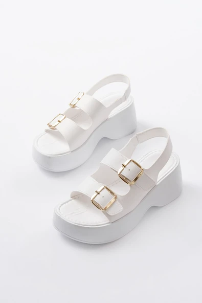 24414-572 Beyaz Tokalı Günlük Dolgu Topuk Kadın Sandalet - 3