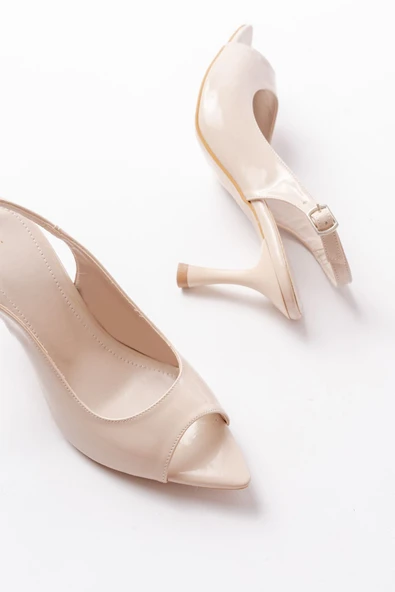 717 Bej Rugan Sivri Burunlu Topuklu Kadın Sandalet - 4