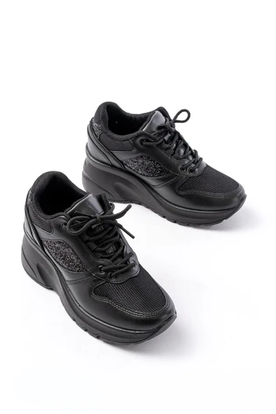 F-185 Siyah Günlük Bağcıklı Taş Aksesuarlı Yazlık Spor Ayakkabı - 3