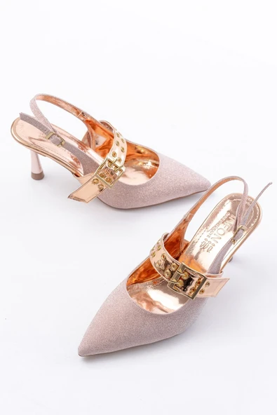 İnf-260 Rose Simli Günlük Arkası Açık Baret Tokalı Topuklu Ayakkabı - 3