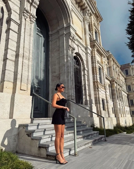 Kadın Omuz Askılı File Kumaş Likralı Mini Elbise - Resim 6