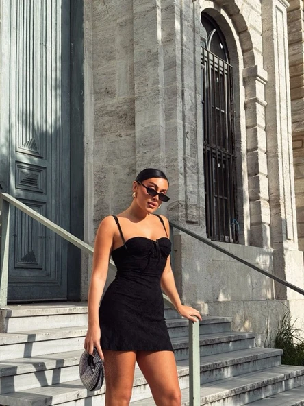 Kadın Omuz Askılı File Kumaş Likralı Mini Elbise - Resim 5