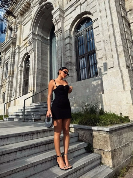 Kadın Omuz Askılı File Kumaş Likralı Mini Elbise - Resim 7