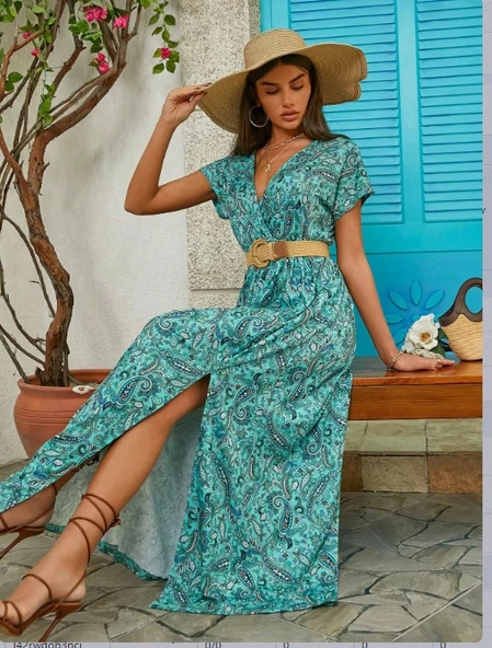 Kadın Kısa Kollu V Yaka Etnik Desenli Yırtmaç Detay Süprem Elbise (kemersiz) - Resim 5