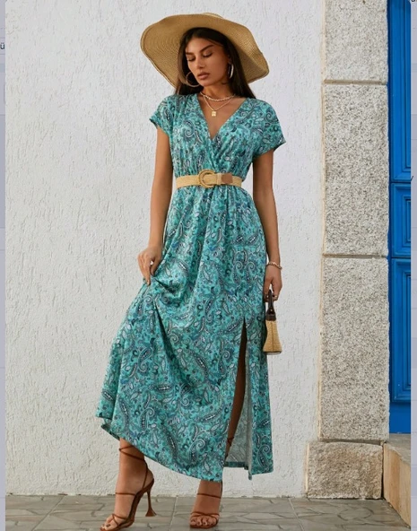 Kadın Kısa Kollu V Yaka Etnik Desenli Yırtmaç Detay Süprem Elbise (kemersiz) - Resim 6