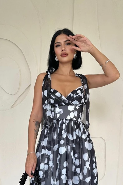 Siyah Şifon Drapeli Elbise - 2