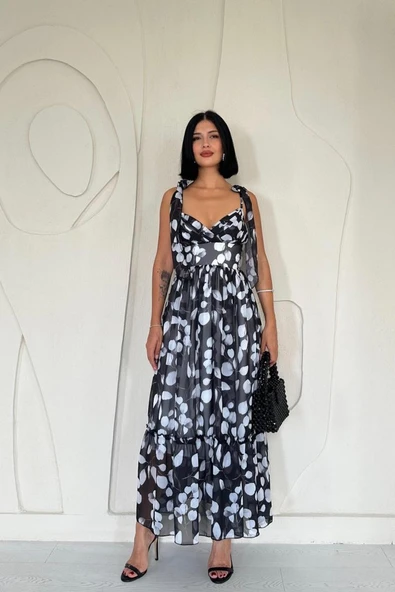 Siyah Şifon Drapeli Elbise