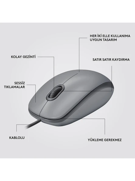 Logitech M110 Sessiz Tam Boyutlu Kablolu Usb-A Bağlantılı Optik Mouse - Gri - 6