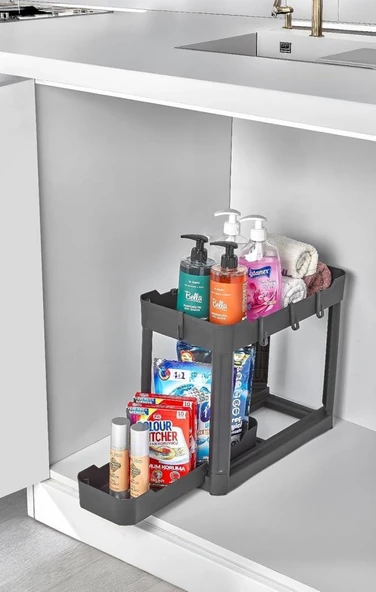 Sev Plastik 2 Katlı Sürgü Çekmeceli Tezgah Altı Organizer Siyah (40x22x33cm) - Resim 2