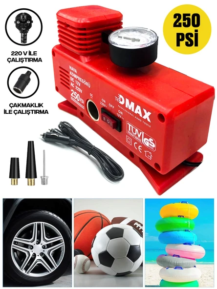 Germany Style DMAX SERİ 220 Volt-12 Volt 250 Psi Psi Kompresör Lastik Hava Şişirme Oto Pompası