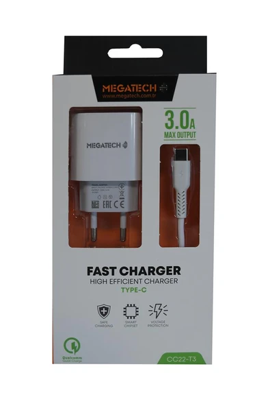 Megatech CC03(CC22-T3) 5v-3.0A Ev Şarj+Type-c Kablo Hızlı Şarj ürün görseli 1