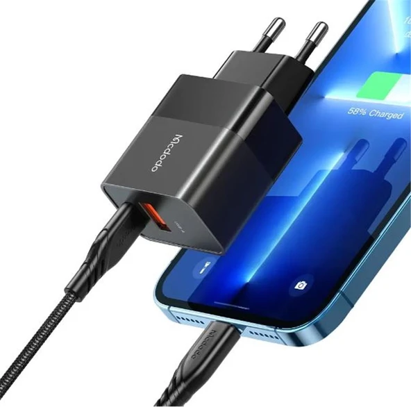 MCDODO CH-1952 20W 1xType-C ve 1xUSB Girişli Şarj Adaptörü + Type-C To iPhone Kablo - Siyah ürün görseli