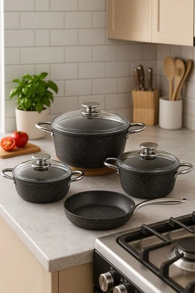 Stone  Bio Granit 7 Parça Tencere ve Tava Seti Siyah ürün görseli