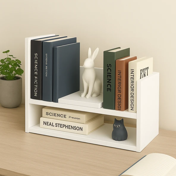 2 Katlı Masaüstü Kitaplık Modern Dekoratif Raf Ünitesi Masaüstü Düzenleyici Beyaz - Resim 2