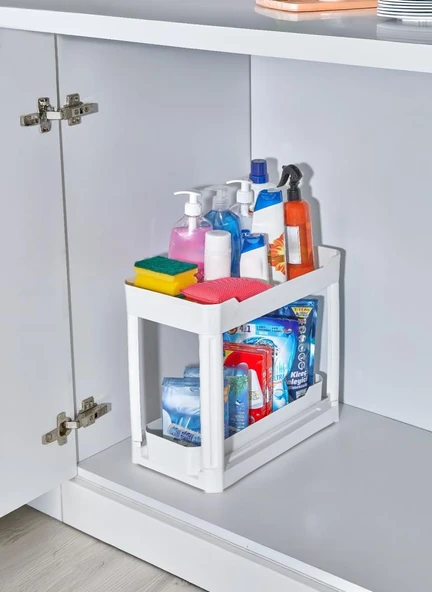 Sev Plastik 2 Katlı Sürgü Çekmeceli Tezgah Altı Organizer Beyaz (40x22x33cm) - Resim 2