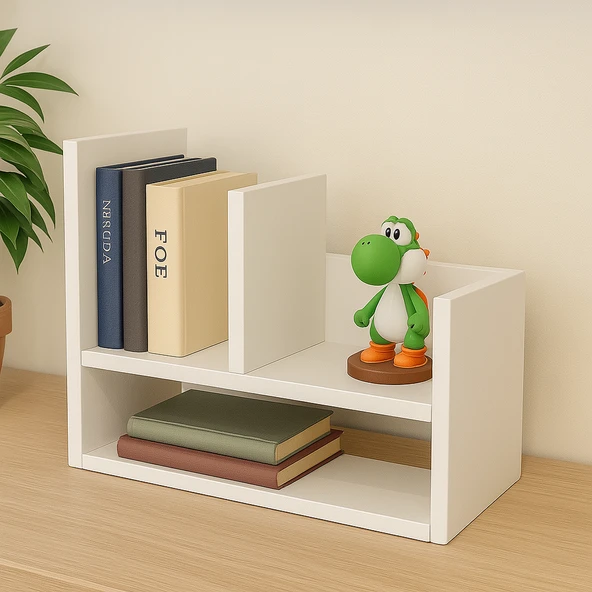 2 Katlı Masaüstü Kitaplık Modern Dekoratif Raf Ünitesi Masaüstü Düzenleyici Beyaz - Resim 3