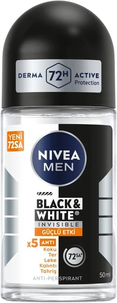 NIVEA Men Erkek Roll On Deodorant Black&White Invisible Güçlü Etki 50 ml,72 Saat Anti-perspirant Koruma