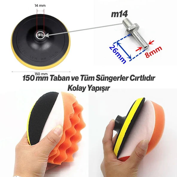 Pasta Cila 150 mm Polisaj Süngeri Seti 14 Parça Jant Parlatma Pedi Matkap Uyumlu Oto Wax Büyük Boy - 7