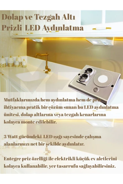 Masfitech Dolap Ve Tezgah Altı Prizli Led Aydınlatma Siyah–3 Watt 4000k Günışığı |mutfak Için Şık Işık Ve Priz - 2