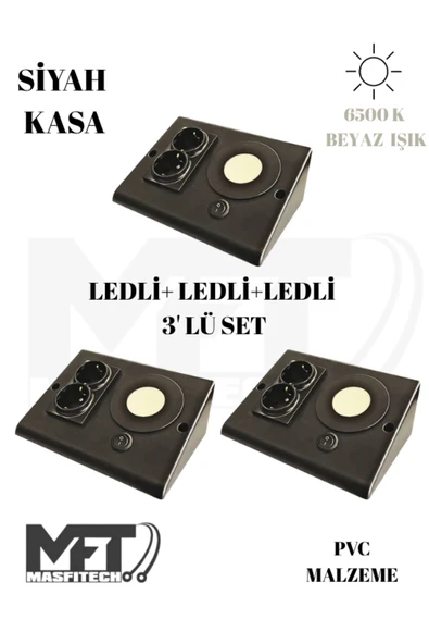Masfitech Dolap Tezgah Altı Prizli Aydınlatma 3 Watt 6500k Beyaz Işık (3 ADET) Siyah