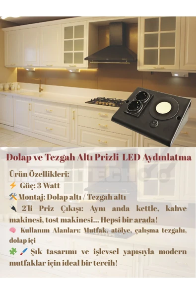 Masfitech Dolap Ve Tezgah Altı Prizli Led Aydınlatma – 3 Watt Beyaz Işık | Mutfak Için Şık Işık Ve Priz Çözümü - 5