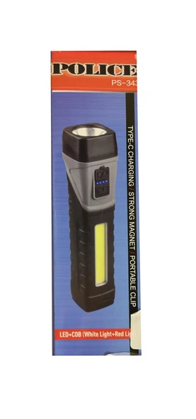 Polıce PS-343 Magnetli, 90 Derece Oynar Başlık, Kırmızı İkaz Işıklı Şarjlı  El Feneri - 1