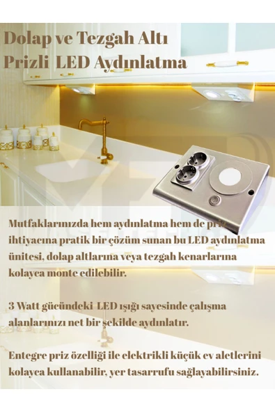 Masfitech Dolap & Tezgah Altı Prizli Aydınlatma 3 Watt 4000K Günışığı (3 Adet) Uyumlu - 2