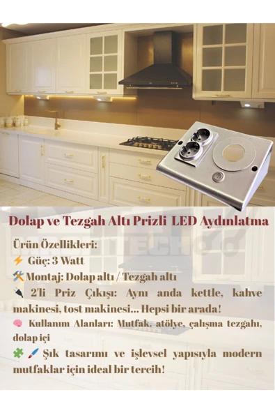 Masfitech Dolap Ve Tezgah Altı Prizli Led Aydınlatma – 3 Watt Beyaz Işık | Mutfak Için Şık Işık Ve Priz Çözümü - 4