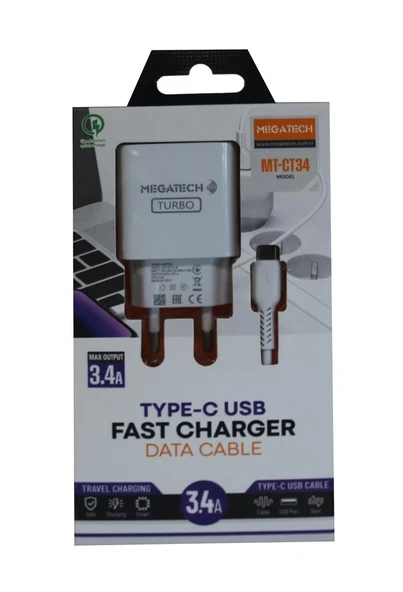 Megatech CC-03 (MT-Ct34 )3.4A Type-C Usb Kablo+ Ev Şarj Adaptör Hızlı Şarj - Resim 5