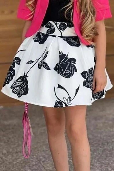 Kız Çocuk Beli Manşetli Yandan Fermuarlı Üzeri Gül Baskılı Kabarık Beyaz Etek - Resim 5