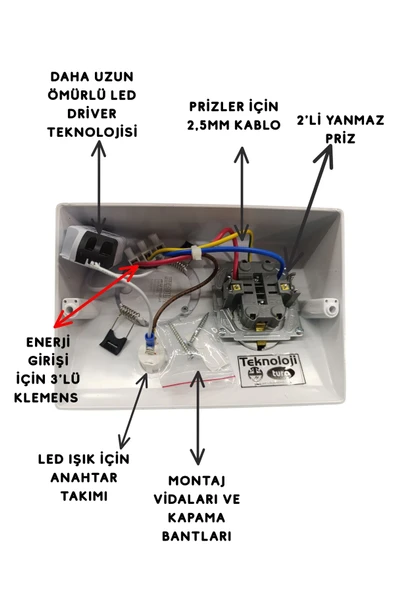 TEKNOLOJİ ELEKTRİK Dolap Tezgah Altı 2'li Priz Ve 3 Watt Anahtarlı Led Spot Aydınlatma (FÜME KASA) Işık Ve Priz - 2