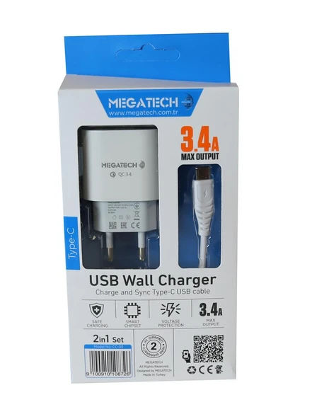 Megatech CC-03 (MT-Ct34 )3.4A Type-C Usb Kablo+ Ev Şarj Adaptör Hızlı Şarj - Resim 2