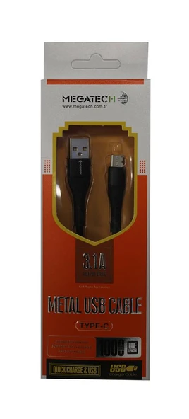 Megatech 3.1A  Örgülü A Serisi Typ-c Data Kablosu Gri-Siyah ürün görseli