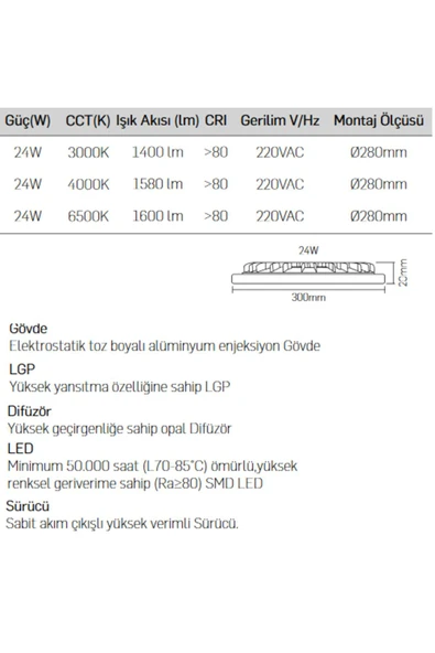 Lamptıme Sıva Altı Ledspot Beyaz Gövde 24w 3000k Yuvarlak 260326 - Resim 3