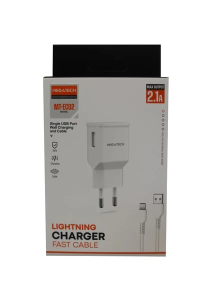 Megatech EC02 MODEL 2.1A Lightning Usb Kablo + Ev Şarj Adaptörü Hızlı Şarj ürün görseli 1
