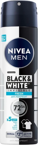 NIVEA MEN Erkek Sprey Deodorant Black&White Invisible Fresh 150 ml, 72 Saat Terleme ve Ter Kokusuna Karşı Anti-Alkolsüz, Kıyafetlerde Leke Bırakmaz,Ferah Koku