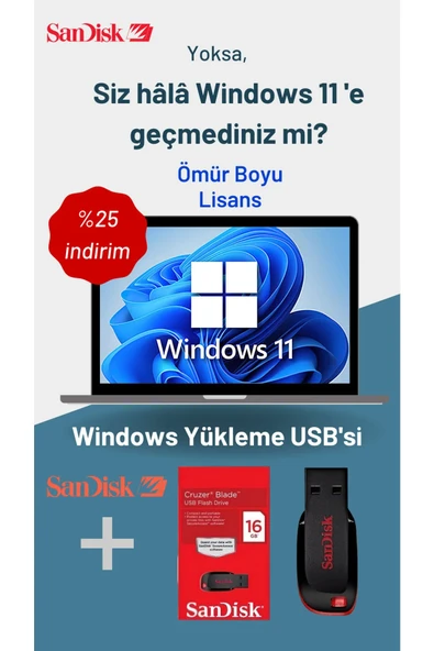 Windows 11 Kurulum Dosyalı 64GB USB Bellek (Windows 11 Pro Lisans Anahtarı Hediyeli)