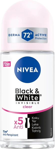 NIVEA Kadın Roll On Deodorant Black & White Invisible Clear 72 Saat Anti-Perspirant Koruma (50 ml)